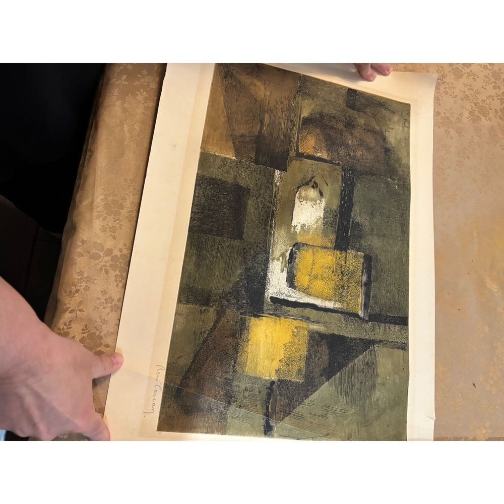 Rene Carcan Signed Abstract Lithograph Mid Century Modern Art Green Yellow Brown